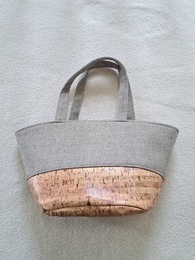 Neutral Open Top Utility Tote Faux Cork And Woven Fabric Grey Brown Lunch Bag